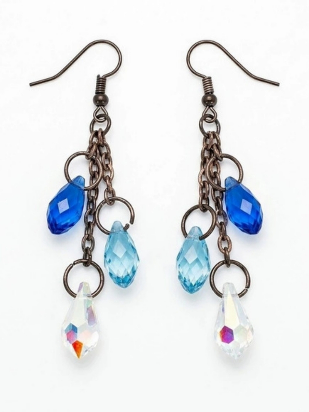 Vtg Made With Swarovski Blue Prism AB Crystal Cascade Dangle Earrings Drop